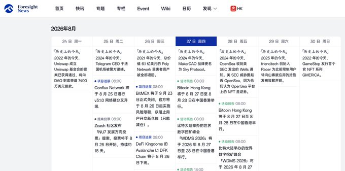 A screenshot of the 'Foresight News' website showing a calendar of crypto industry events for late August 2026, including mentions of Uniswap, Bitcoin, Ethena, and WDMS.