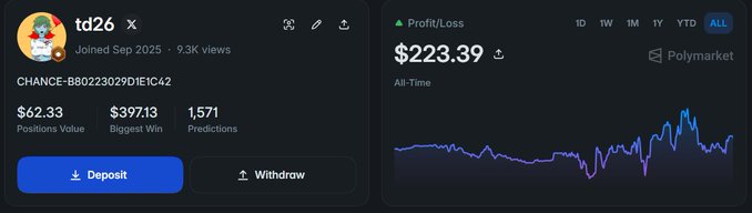 A Polymarket profile screenshot for user 'td26' showing $62.33 Positions Value, $397.13 Biggest Win, 1,571 Predictions, with an All-Time Profit/Loss chart showing $223.39.