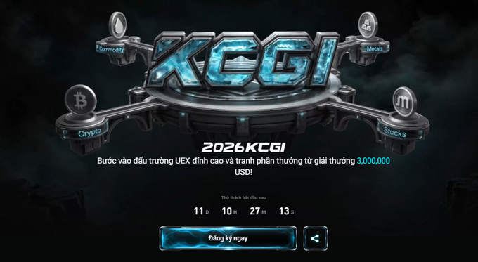 A promotional banner for '2026KCGI' UEX trading competition in Vietnamese offering prizes up to 3,000,000 USD with categories for Crypto, Stocks, Metals, and Commodity.