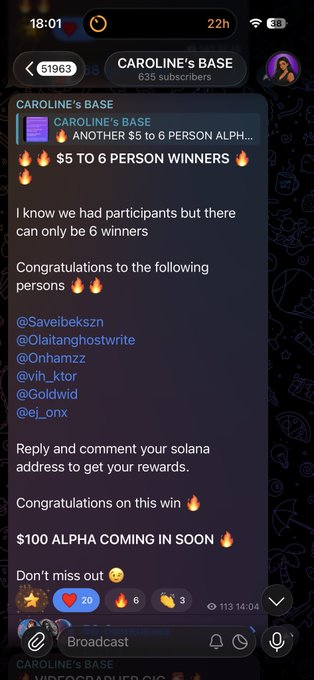 A screenshot of a Telegram channel called 'CAROLINE'S BASE' announcing 6 winners for a $5 to 6 person giveaway, listing usernames like @Saveibekszn and @Goldwid.