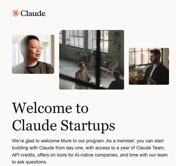 A 'Welcome to Claude Startups' page welcoming Mure to the program, with photos of people in office and meeting settings.