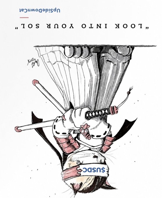 The image features a cartoon cat wearing a white outfit with pink accents, holding a sword in its mouth while standing upside down. The background of the image is white, which contrasts with the colorful attire of the cat. The caption "LOOK INTO YOUR $SOL - @UpSideD0wnCat" suggests that there might be an online post or social media account related to this cartoon cat and its outfit.