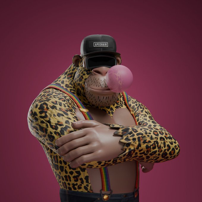 A 3D render of an anthropomorphic ape character wearing a cap labeled 'APECHAIN' and rainbow suspenders, blowing a pink bubblegum bubble against a magenta background.