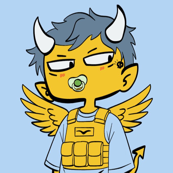 A cartoon-style illustrated character with gray hair, yellow horns, small golden wings, a pacifier, and yellow tactical vest is depicted against a light blue background, fitting the NFT collection theme promoted in the post about "pepegasnft.art" remaining slots.