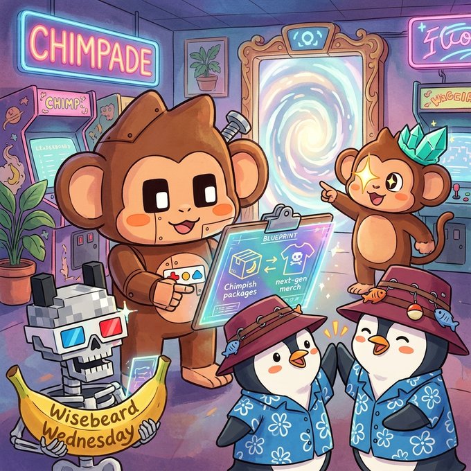 A cheerful chimp in a hoodie holds a clipboard labeled "BLUEPRINT" showing "Chimpish packages → next-gen merch," while another chimp wearing a crystal crown points at a swirling portal in a neon-lit "CHIMPADE" arcade, accompanied by two penguins in floral shirts and hats, a robot holding a banana reading "Wisebeard Wednesday," and arcade machines including "CHIMP" and "VEGGIE." The scene visually captures the post's excitement about building, physical goods, and upcoming developments in the Chimpers community.
