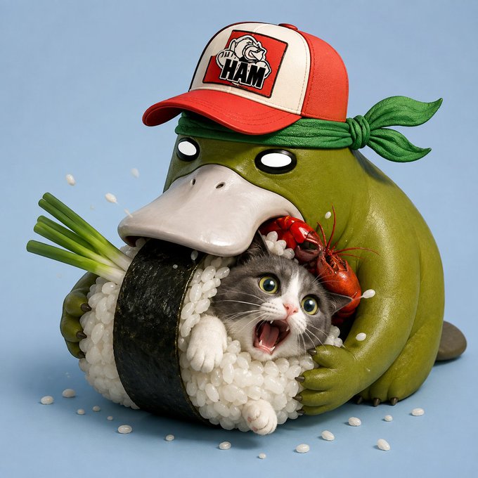 A 3D-rendered green creature wearing a red and white 'HAM' cap and green bandana, holding a large sushi roll with rice and seaweed that contains a shocked-looking kitten and a lobster.