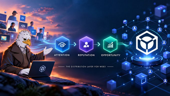 A promotional graphic titled 'THE DISTRIBUTION LAYER FOR WEB3' featuring an eagle character with a laptop, showing a flow from ATTENTION to REPUTATION to OPPORTUNITY icons with a 3D cube logo on the right.