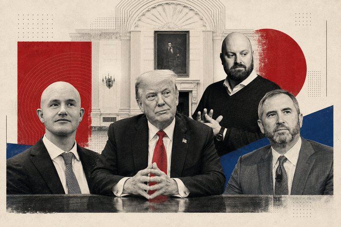 This image depicts Donald Trump with cryptocurrency leaders Brian Armstrong of Coinbase and Chris Dixon of a16z, highlighting the intersection of politics and the crypto market. It visually represents the news of Trump hosting these figures, alongside the mentioned market updates for $BTC and $ETH.