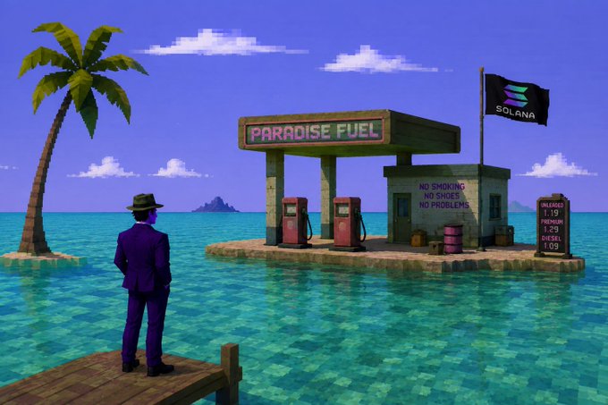 A retro-style digital artwork of a man in a purple suit standing on a dock, looking at 'PARADISE FUEL' gas station in turquoise water, with a Solana flag flying nearby displaying fuel prices.