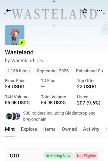Screenshot of an NFT collection page titled 'Wasteland' by Wasteland-Dev, showing 2,156 items with a floor price of 24 USDG, top offer of 22 USDG, and 980 holders.