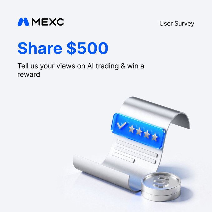 A MEXC user survey advertisement offering to "Share $500" for views on AI trading, featuring a 3D illustration of a rating receipt with four stars and a coin.