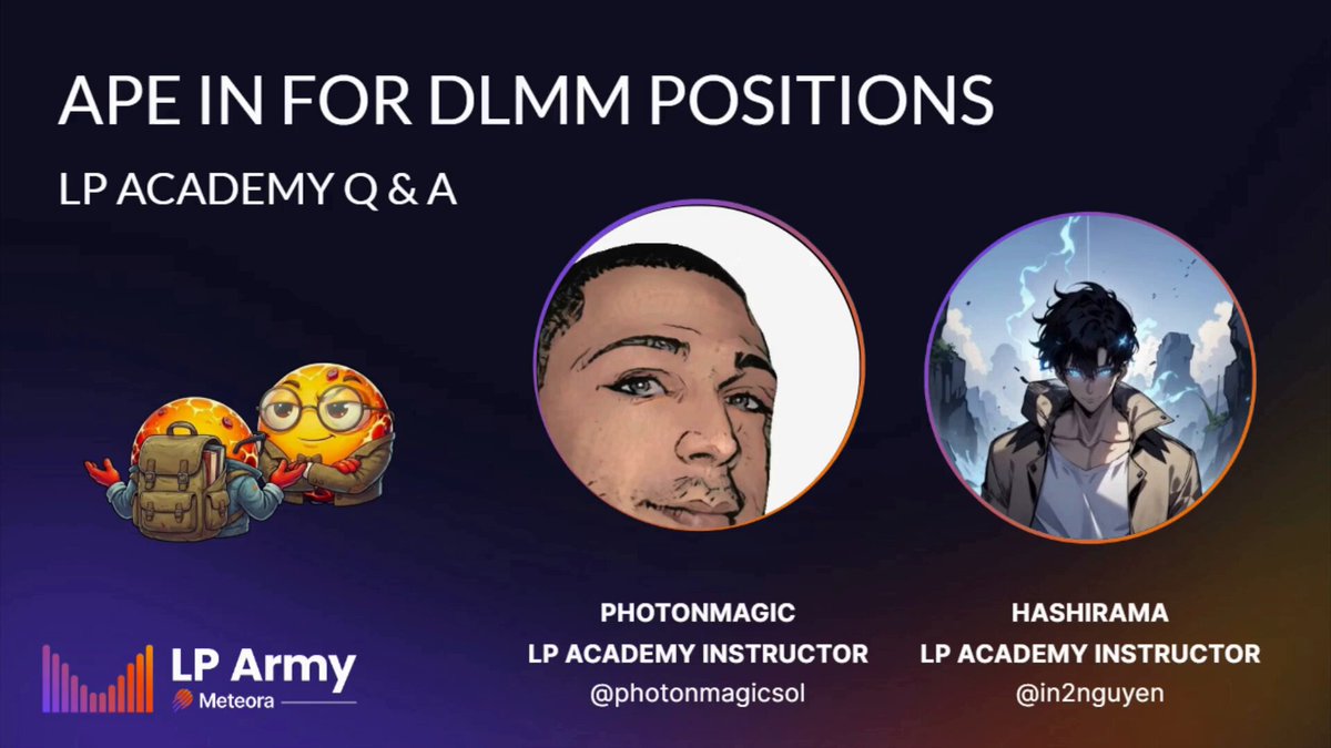 The image features a banner advertising anape game for DLMM positions, with three different people's names displayed beneath their faces, each representing a different person or character involved in the game. The background of the image has different shades of blue and purple, creating a visually engaging contrast against the colorful backgrounds of the images. The text within the image promotes the game by highlighting the convenience of making anape for DLMM positions at a specific price on the current market price.