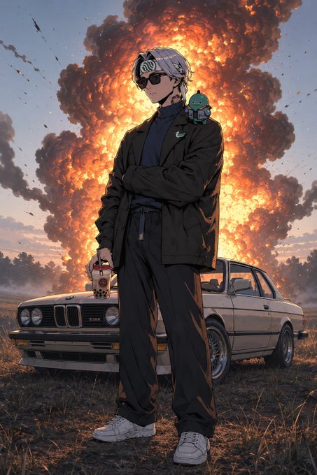 An anime-style illustration shows a character with white hair and sunglasses standing confidently in front of a vintage BMW, with a massive fiery explosion rising behind them.