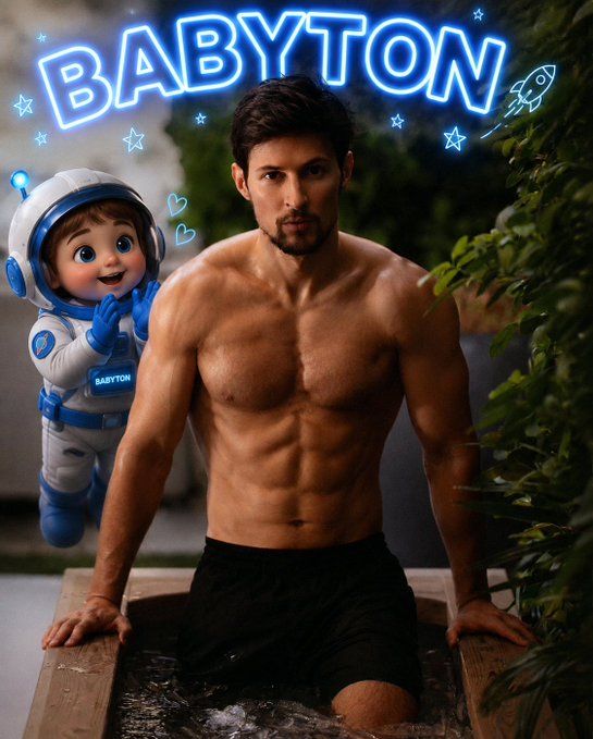 The image features a shirtless man posing for a picture with a baby dressed up as Babyton, wearing an astronaut costume. The man has his arms around the baby, creating a playful and lighthearted atmosphere. The caption of the image reads "Is there anyone who doesn't like this king?! #babyton EQAwq1fQaKFc6WqQ-5IYujhVZwcg4PVwn7_8qJ6Go7fn #TON #mtonga".