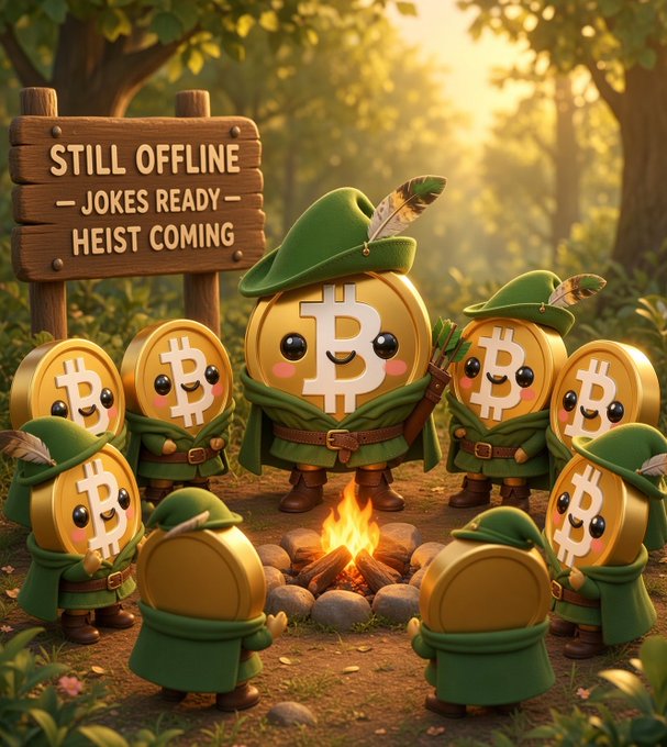 A whimsical illustration shows cute anthropomorphic Bitcoin characters dressed as Robin Hood, gathered around a campfire in a forest, next to a wooden sign reading 'STILL OFFLINE — JOKES READY — HEIST COMING'.