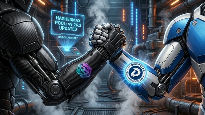 A digital art illustration of two robotic arms bumping fists in an industrial setting, featuring a holographic display reading 'HASHEDMAX POOL: v9.26.3 UPDATED' and a 'DIGIDOLLAR' logo.