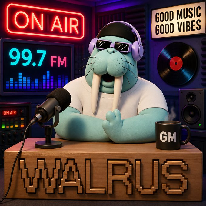 A cool walrus DJ sporting pixelated sunglasses and headphones hosts a radio show at 99.7 FM, surrounded by neon "ON AIR" and "GOOD MUSIC GOOD VIBES" signs, with a "WALRUS" desk and a coffee mug labeled "GM" tying into the "Gm $SUI Fam" post.