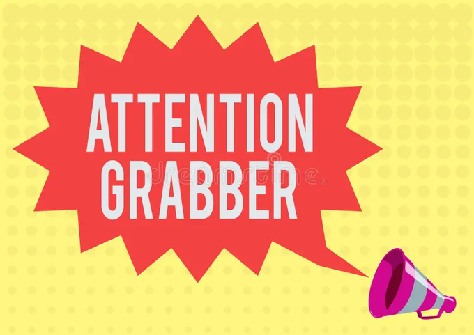 A graphic design with a red starburst shape on a yellow polka dot background containing the white text 'ATTENTION GRABBER' and a pink megaphone in the bottom right corner.