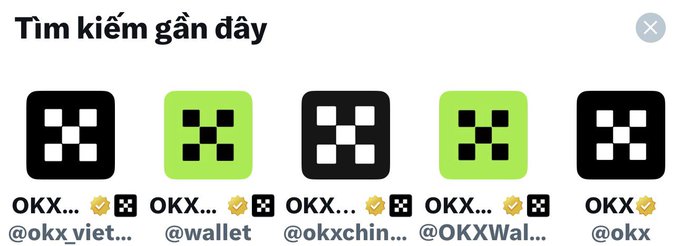 A social media search results page titled 'Tìm kiếm gần đây' showing multiple accounts named OKK and @okx variants with verified badges.