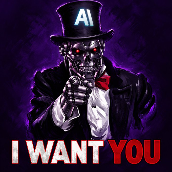 A menacing metallic skeleton wearing an "AI" top hat and suit points menacingly, paired with bold "I WANT YOU" text styled after the iconic Uncle Sam recruitment poster, visually echoing the post's rallying call to "trade ANTHROPICx Perps" and join the leaderboard before the next challenge begins.