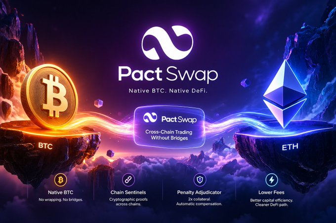 Promotional graphic for 'Pact Swap' featuring Native BTC and ETH cryptocurrency logos, advertising 'Cross-Chain Trading Without Bridges' with features like 'Native BTC', 'Chain Sentinels', 'Penalty Adjudicator', and 'Lower Fees'.