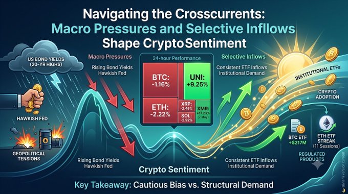 A financial infographic titled 'Navigating the Crosscurrents: Macro Pressures and Selective Inflows Shape CryptoSentiment' displays 24-hour performance for BTC (-1.16%), UNI (+9.25%), ETH (-2.22%), XRP (-2.46%), SOL (-2.92%), and XMR (+12.23%), with a key takeaway of 'Cautious Bias vs. Structural Demand'.