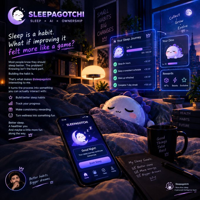 An advertisement for 'Sleepagotchi' shows a bedroom scene with a phone displaying a sleep-tracking app featuring a cute dinosaur character, alongside text reading 'Sleep is a habit. What if improving it felt more like a game?'