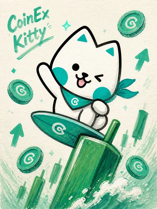 An illustration of a white and teal cat mascot labeled "CoinEx Kitty" surfing on a green rocket-like object amidst floating coins and upward arrows.