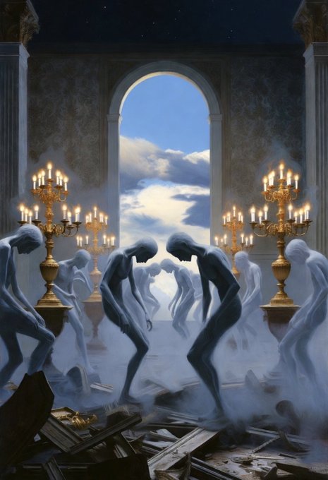 A surreal digital painting depicts ghostly blue figures bowing in a candlelit hall with classical architecture, opening to a bright sky, surrounded by debris.