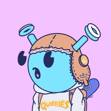 A cartoon character with a teal face, brown textured hood with antennae, and a white hoodie reading 'QUIRKIES' holds a skateboard against a pink background.
