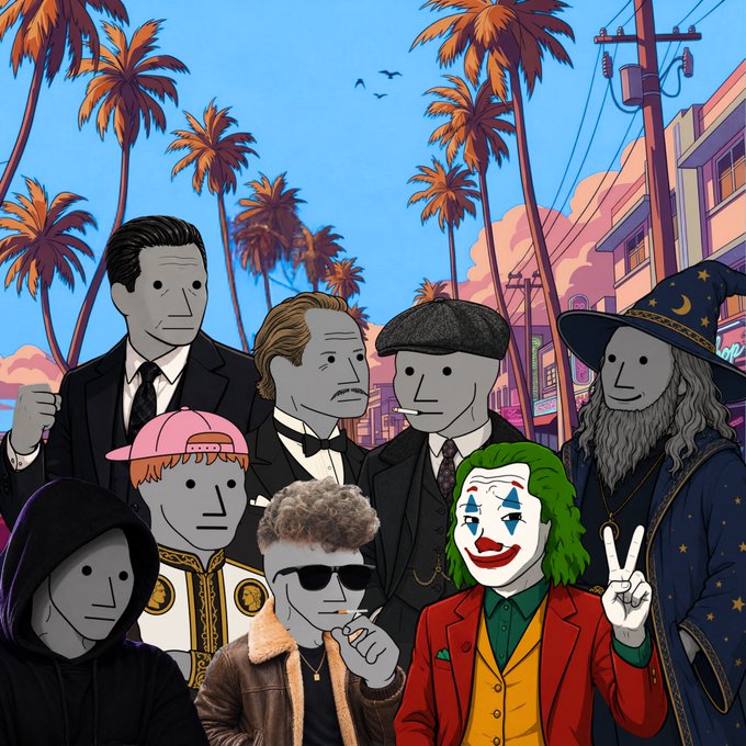 An illustration depicting several iconic film characters with gray, faceless masks—including a man in a suit, a man in a bowtie, a man in a flat cap, and a wizard with a starry hat—standing alongside the Joker, all set against a backdrop of palm trees at sunset.