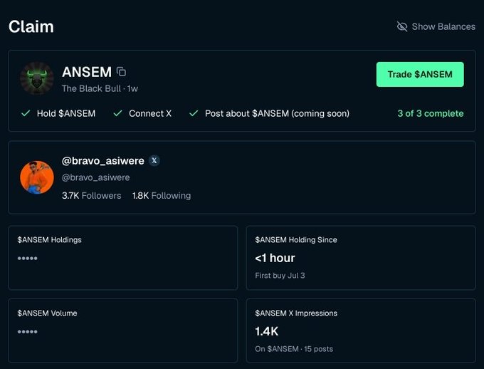 A crypto claim page for the ANSEM ($ANSEM) token showing 'The Black Bull' tier with all 3 tasks complete (Hold $ANSEM, Connect X, Post about $ANSEM), featuring user @bravo_asiwere with 3.7K followers and stats including '<1 hour' holding since and 1.4K $ANSEM X impressions.