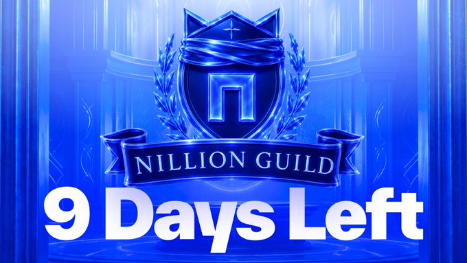 A promotional graphic for "Nillion Guild" featuring a blue shield emblem with laurel wreaths and a banner, set against a bright blue background with "9 Days Left" displayed prominently at the bottom—urging viewers that only nine days remain to submit their work for the Guilds program offering $1,000 in $NIL and nilAI credits.