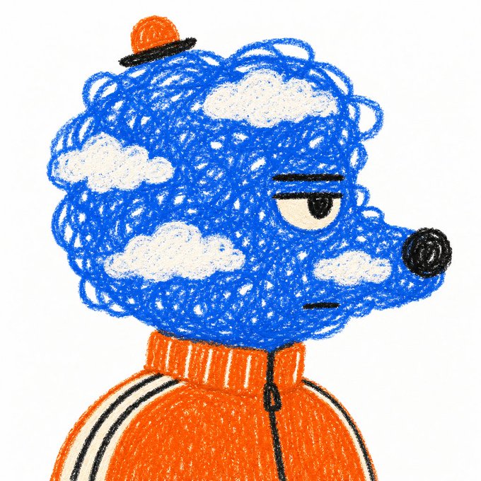 A crayon-style drawing depicts a character with a blue cloud-filled head, a small orange hat, and an orange striped jacket.