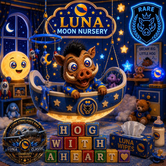 The image depicts a charming, whimsical scene of a cute wild boar/Hog in a celestial-themed nursery, sitting in a star-decorated crib under a "LUNA MOON NURSERY" sign, with alphabet blocks spelling "HOG WITH A HEART." 

Surrounding text includes "RARE," "DREAM BIG LITTLE HOG," "LUNA WIPES," and a badge reading "LUNA STRIKE FORCE DMD" and "LUNA CLASSIC Community Validator," tying into the post's reference to $LUNC (Luna Classic) and the Luna Strike Force community, suggesting a playful, fan-made tribute that portrays the community's "hog with a heart" mascot in a nurturing, moonshot-themed nursery.
