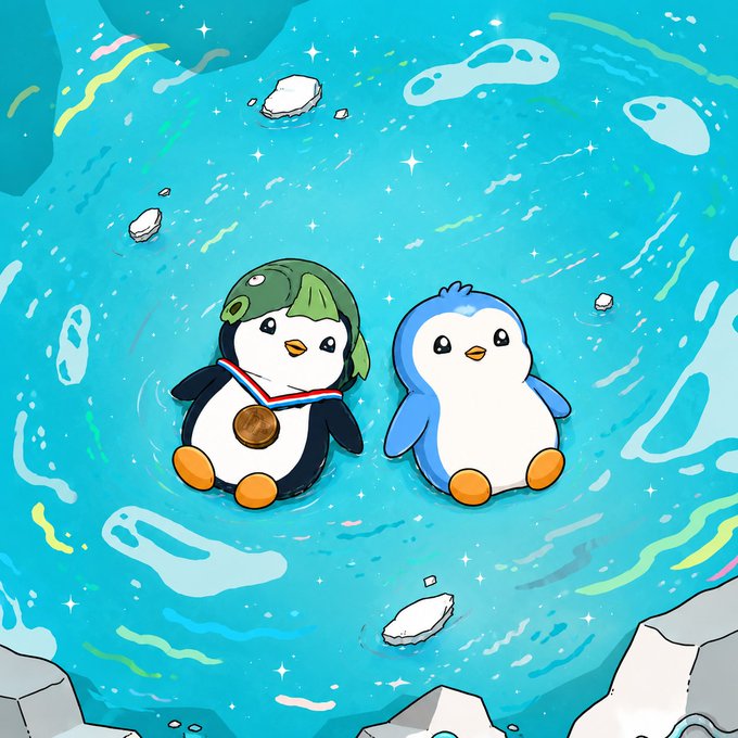 A cartoon-style illustration of two penguins sitting in sparkling blue water; one wears a green hat and a bronze medal, while the other has blue plumage.