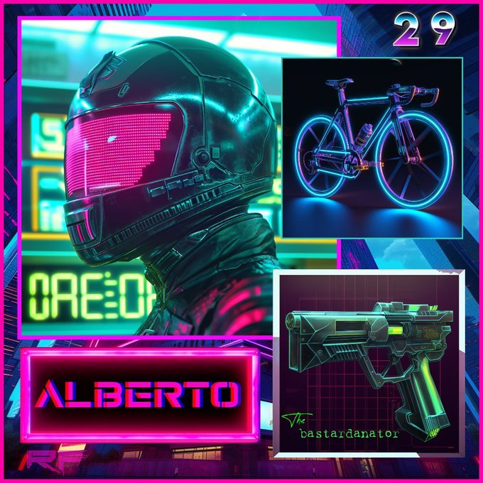 The image features an advertisement for Alberto, a character from Little Amsterdam. The poster includes a close-up of Alberto's helmet with neon pink lights, as well as a bicycle and a gun. The background shows a cityscape with buildings and neon signs. The text on the poster reads "Alberto is a standout character in Little Amsterdam", which suggests that Alberto is an important figure or symbol for the advertisement.