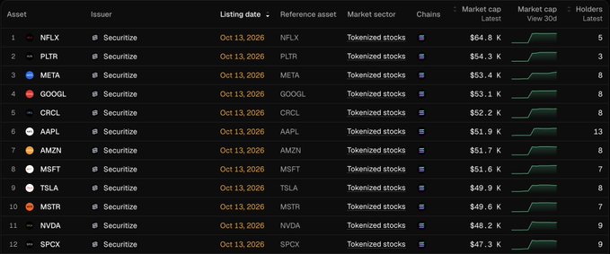 A table listing 12 tokenized stock listings on Solana issued by Securitize, all dated Oct 13, 2026, featuring mega-cap U.S. equities like NFLX ($64.8K), PLTR ($54.3K), META ($53.4K), GOOGL ($53.1K), AAPL ($51.9K), MSFT ($51.6K), and NVDA ($48.2K), ranked by market cap and accompanied by sparkline charts.