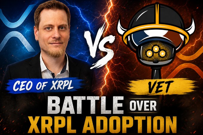 The image is a YouTube-style thumbnail featuring a man labeled "CEO of XRPL" on the left versus a horned helmet mascot labeled "VET" on the right, with lightning bolts and the XRP/XRPL logos in the background, captioned "BATTLE OVER XRPL ADOPTION." It visually represents the debate between the XRPL CEO and the Vet community spokesperson over whether the 1 XRP account reserve helps or hinders XRPL adoption, as referenced in the post's discussion about spam prevention versus onboarding costs.
