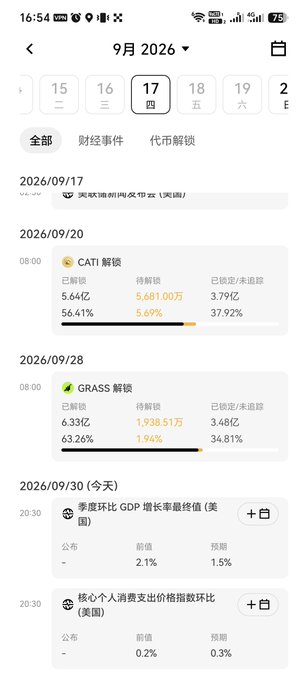 A screenshot of a Chinese financial calendar app dated September 2026, showing economic events including CATL and BRASS unlocks on 09/20 and 09/28 with lockup amounts in the billions of yuan, and US GDP data scheduled for 09/30.