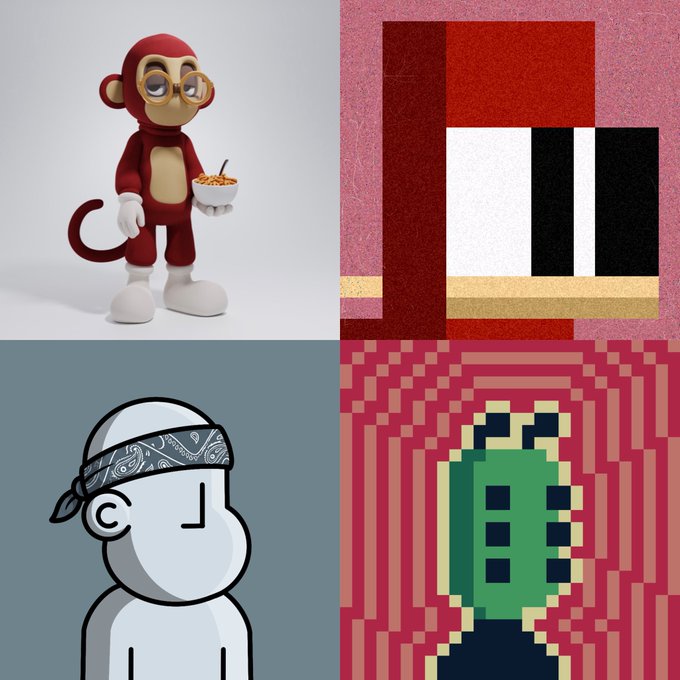 A 2x2 grid of NFT artwork featuring a 3D-rendered monkey character with glasses holding cereal (top-left), a geometric red/white/black abstract piece (top-right), a stylized cartoon figure with a bandana (bottom-left), and a pixelated green character on a red background (bottom-right), showcasing the collection of artists tagged in the post.