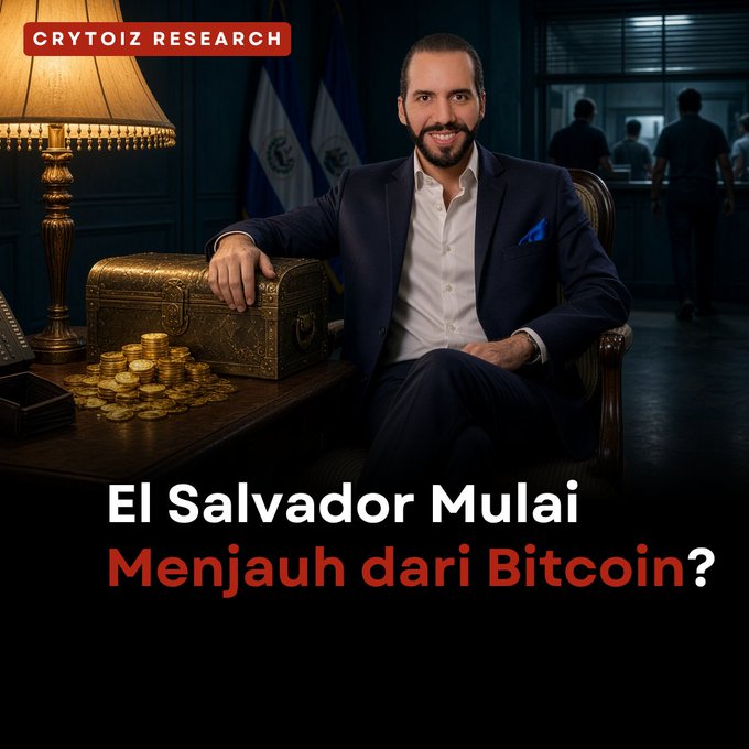 A man in a suit sits next to a treasure chest of gold coins with El Salvador flags behind him; text reads 'CRYTOIZ RESEARCH', 'El Salvador Mulai', and 'Menjauh dari Bitcoin?'.