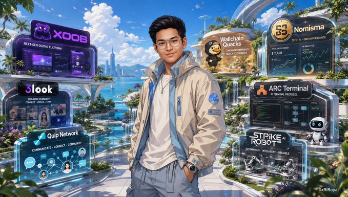 The image features a man wearing glasses standing next to a computer screen with various logos displayed around him. The man appears to be posing for a photo or drawing, possibly as part of an advertisement or promotional material. The background includes a cityscape with buildings and trees, suggesting that this scene might be set in a modern urban environment.