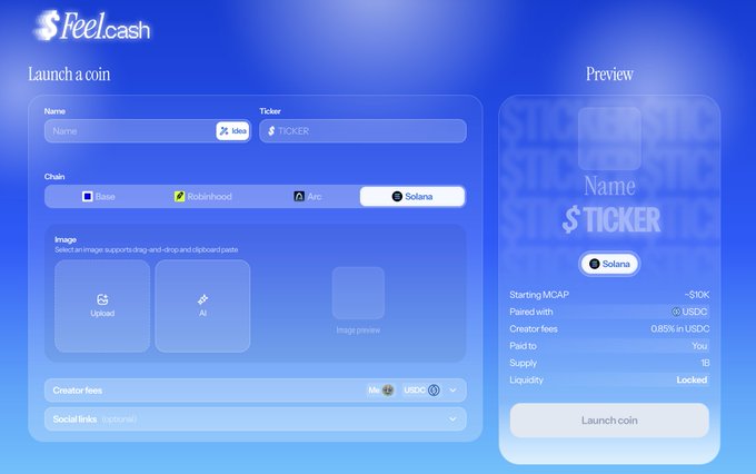 A Feel.cash 'Launch a coin' interface showing form fields for Name, Ticker, Chain (Base, Robinhood, etc., Solana selected), and image upload, with a coin preview on the right.