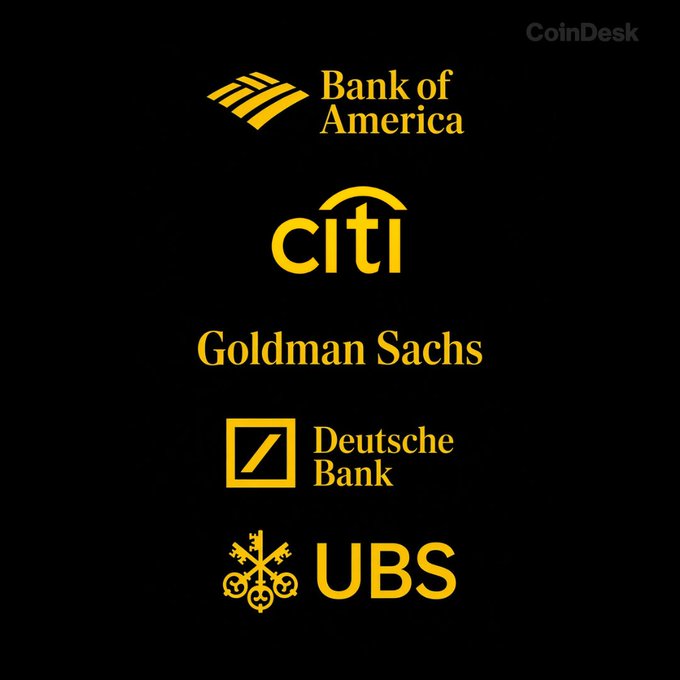 The image displays yellow logos of major financial institutions—Bank of America, Citi, Goldman Sachs, Deutsche Bank, and UBS—against a black background with the CoinDesk watermark in the top right corner.

This image relates to the post by illustrating the traditional banking giants (Bank of America, Citi, Goldman Sachs, Deutsche Bank, UBS) that are reportedly entering the stablecoin space, which is expected to drive $CRV's growth as DeFi protocols like Curve benefit from increased stablecoin adoption and liquidity on their platforms.