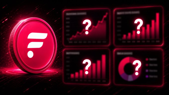 A glowing pink Flare (FLR) token coin sits beside four data dashboards displaying line, bar, and pie charts marked with question marks, visually teasing the undisclosed network metrics and analytics that the article reveals for tracking $FLR activity on Flare Networks.