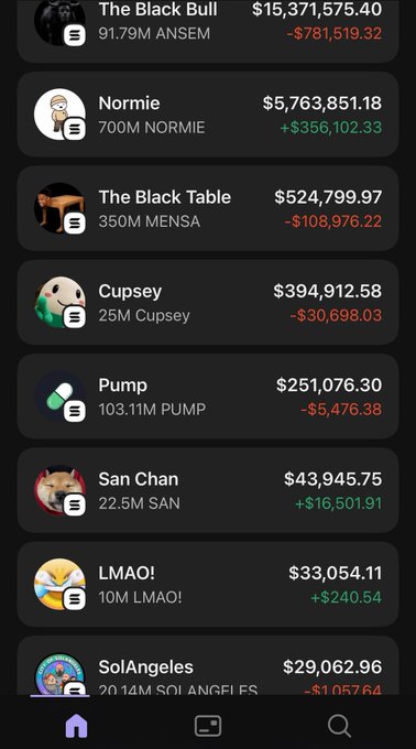 A leaderboard or portfolio tracker listing various meme token holders including The Black Bull, Normie, The Black Table, Cupsey, Pump, San Chan, LMAO!, and SolAngeles with their respective holdings and P&L figures.