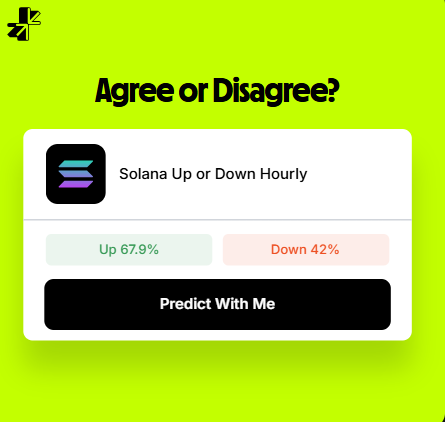 A green and black interface screen asking 'Agree or Disagree?' for a 'Solana Up or Down Hourly' prediction, showing 67.9% Up and 42% Down with a 'Predict With Me' button.