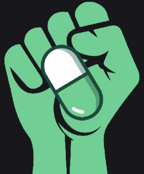 A green raised fist holds a capsule-shaped pill split into white and green halves against a black background.