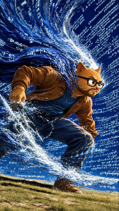 A digital illustration shows an anthropomorphic orange cat wearing glasses, a brown jacket, and jeans, surfing on a massive wave of blue water filled with white text and code.